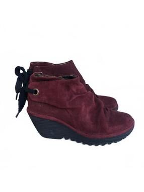 Fly London Yebi Oil Suede Wine Wedge Ankle Boots Size 36 Whimsigoth Quirky Indie